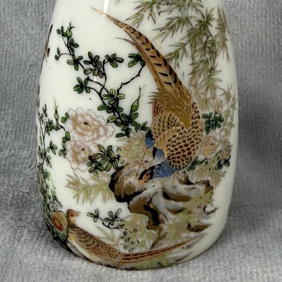 Japanese Ceramic Sake Bottle with Painted Pheasant & Floral Design. Bud Vase Use - Picture 3 of 16